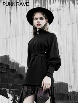 

PUNKRAVE Women's Gothic Winter High Collar Simple Mid-length Loose Sweatshirt Daily Casual Embroidered Belt Pullover Shirt
