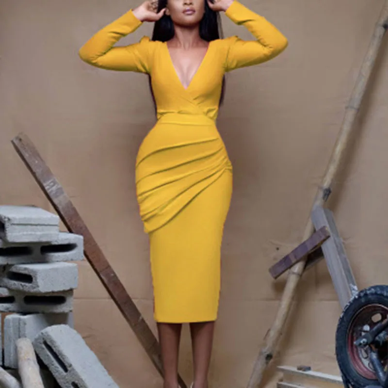

Solid V Neck Ruched Long Sleeve Midi Dress Women Elegant Office Ladies Formal Party Dress Winter 2019 Vestidos Mujer
