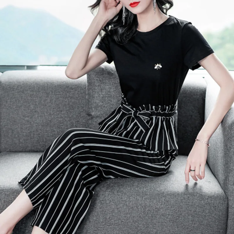 

Casual Loose Pants WOMEN'S Suit 2019 Summer New Style Two-Piece Set Western Style Elegant Stripes Slimming by Age Set Pants