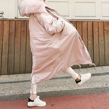 pink colour LANMREM осень и зима новая мода большой меховой воротник длинный сплошной цвет теплая хлопковая женская одежда PB742 - Цвет: pink colour