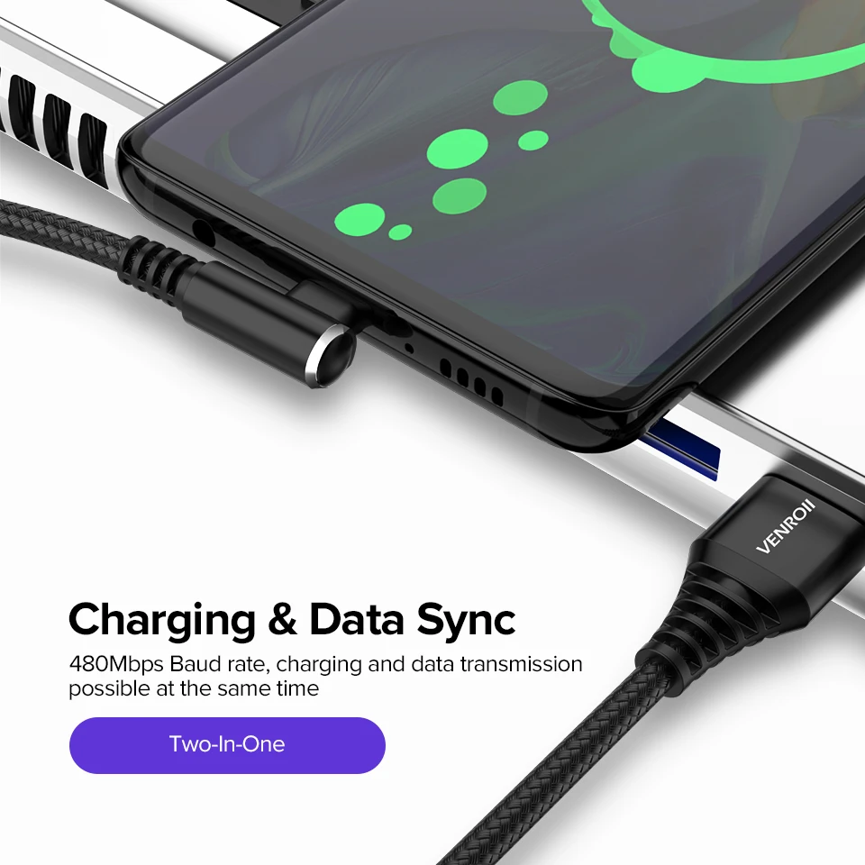 Venroii Cable USB Type C for Samsung Galaxy S10 S9 S8 Plus Fast Charging Type-C Cable for Xiaomi Mi 8 9 Oneplus 6 Android Phone