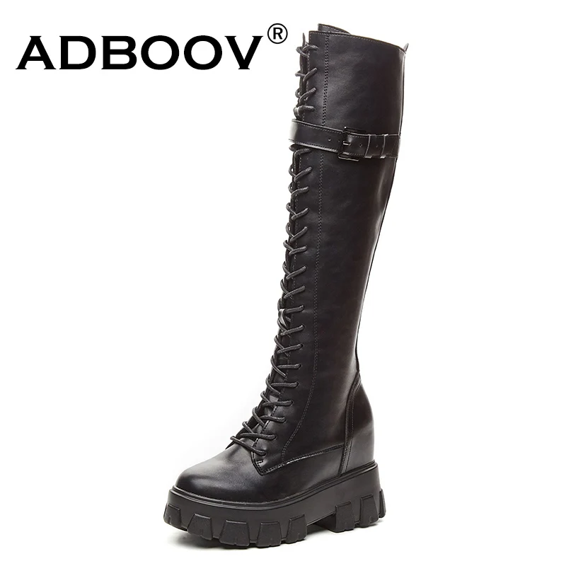 

ADBOOV Knee High Boots Women PU Leather High Increasing 9 CM Platform Ladies Boots Side Zip Booties