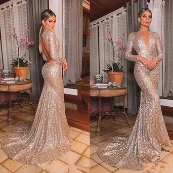 

Sparkly Rose Gold Sequins Mermaid Evening Dresses Deep V Neck Long Sleeves Sweep Train Sequined Prom Dresses Party Gowns