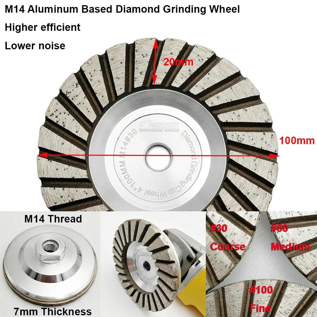 M14 Thread Dia 4"/100mm Aluminum Based Diamond Grinding Cup Wheel #100 Grinding Disc Granite marble Diamond Wheel SHDIATOOL 2pcs