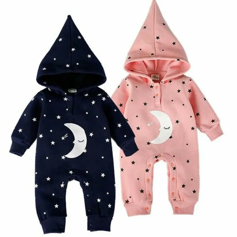 

US Autumn Winter Clothes Baby Girl Boy Clothes Star Moon Hooded Bodysuit Romper Winter Warm Clothes