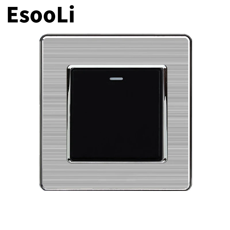 Esooli Black 1 Gang Way Luxury Light Switch On/Off Wall Stainless Steel Panel AC 110~250V Durable Push button switch | Обустройство