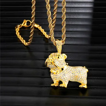 

New Arrival Iced Out Bling Cubic Zircon French Bulldog Pendant Necklace Fashion Gold Dog Animal Hip Hop Jewelry For Man Women