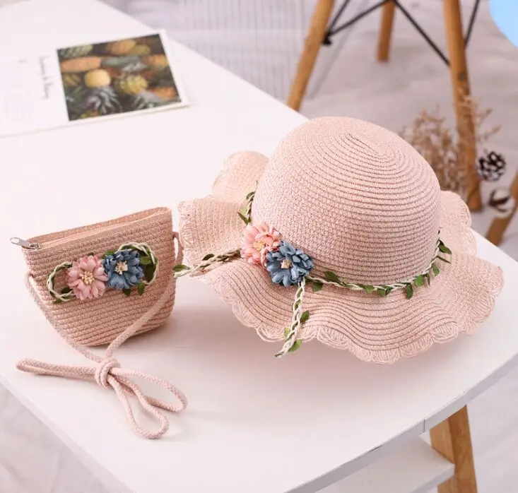 Sun Hat Sun Protection Hat Children Straw Hat + Shoulder Bag Tote bags Summer Kids Girl Baby 2pcs a Set Cute Floral Sun Hat Bucket Gorros