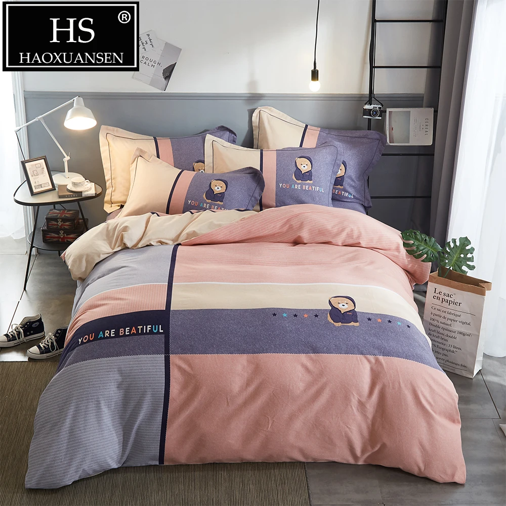 

Pinstripe 4 Pieces Cartoon Sanding Cotton Bedding set Pink with baby bear Soft Warm Duvet Cover Sheet for Winter Queen King Size