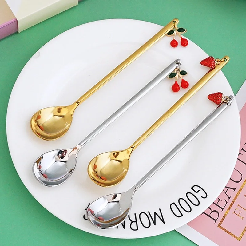 Stainless Steel Spoons Forks With Fruit Pendant Creative Long Handle