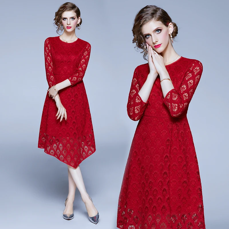 Осеннее Красное Кружевное рождественское платье с длинными рукавами, Vestido Invierno Mujer,, миди вечерние женские платья, Dames Jurken ropa mujer K2023