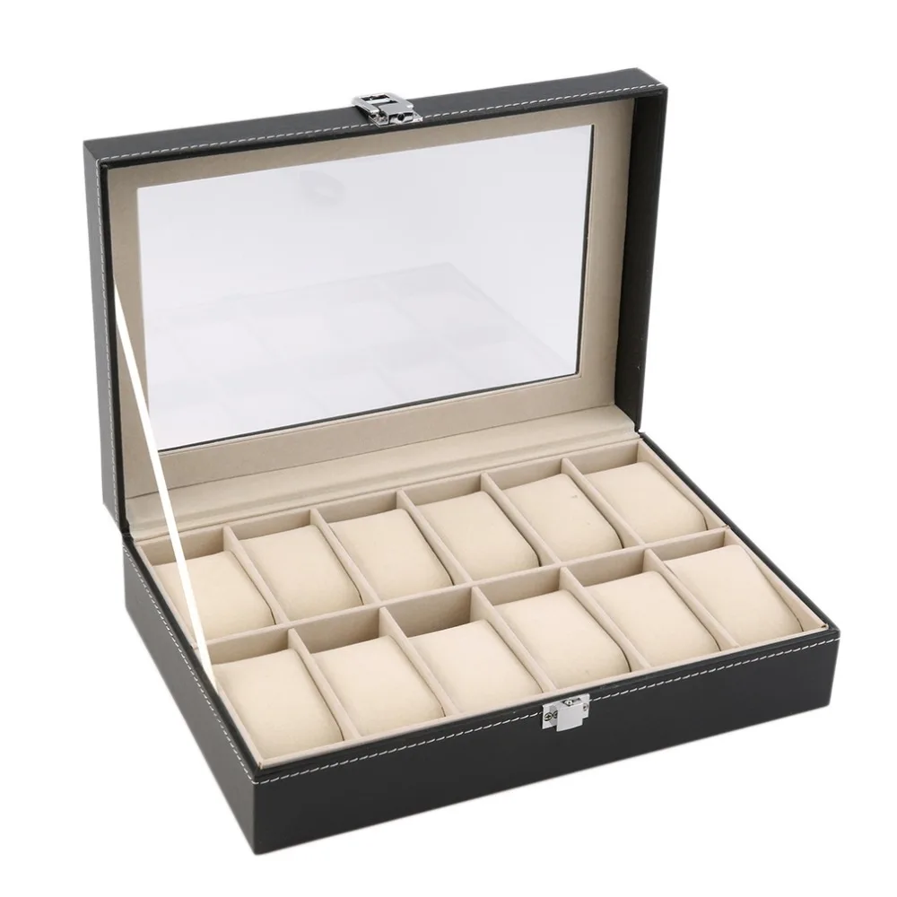 

12 Slots Grid PU Leather Watch Display Box Jewelry Storage Organizer Case Locked Watch Display Box Case Display Best Gift