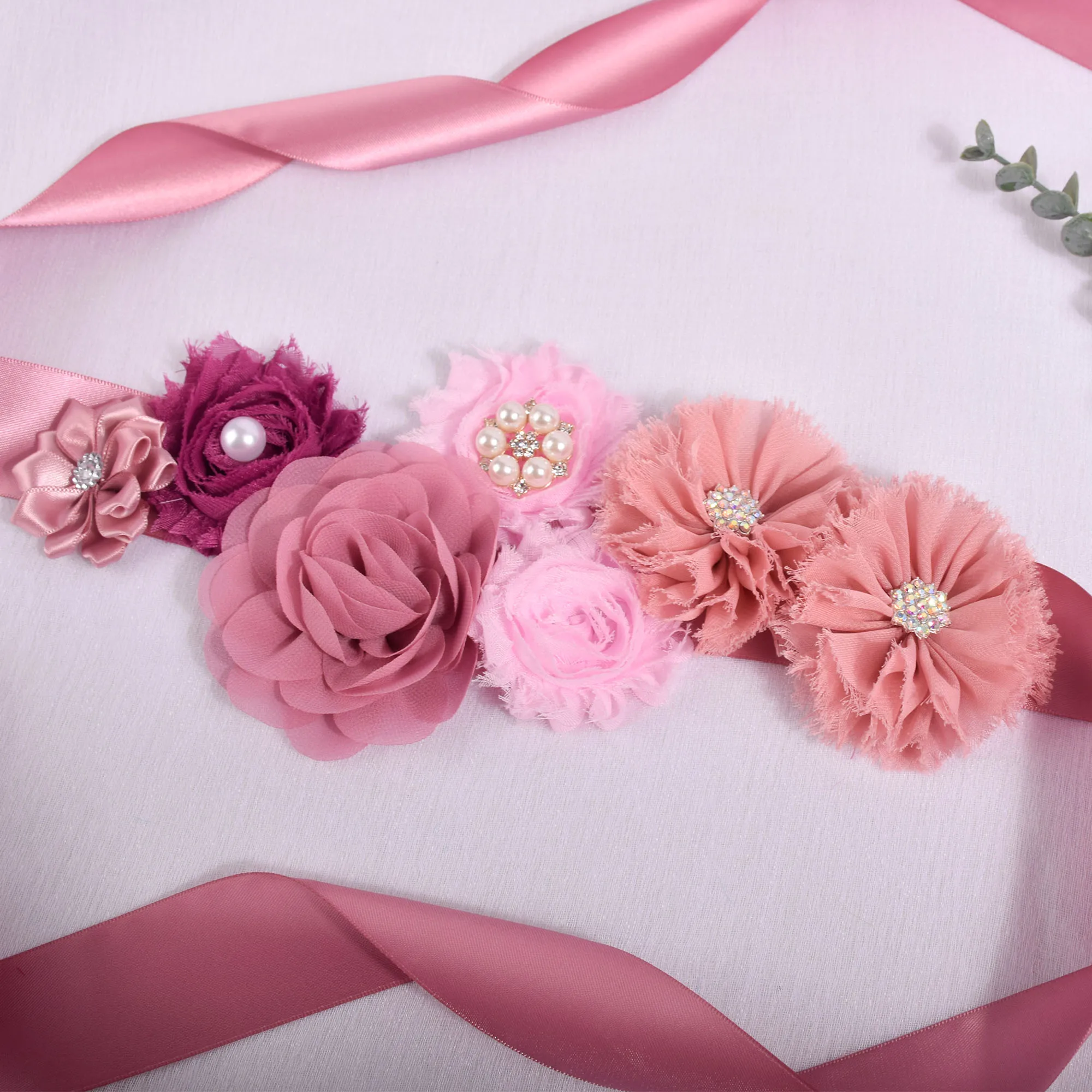 Purtulle Maternity Sash Women Dusty Rose Flower Sash Pregnancy Belly Belt Bridal Ribbon Cummerbunds Wedding Dress Waist Belt