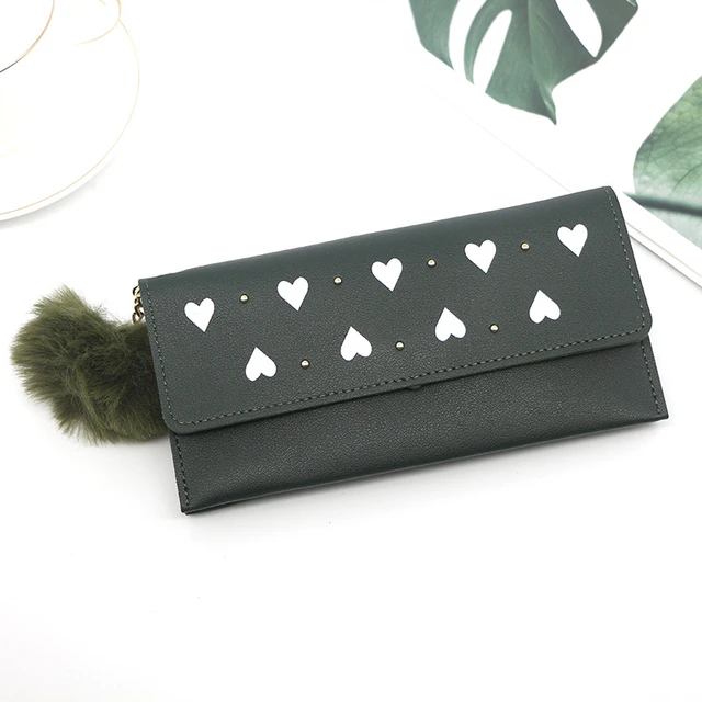 Women's purses Long Wallets Pure Color Wool Ball Bow Clutch Bag Card Coin Purse Standard Wallets PU Solid Polyester Wallet Green