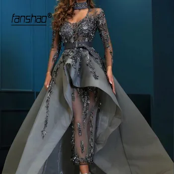 

Gray Muslim Evening Dresses Sequin Lace Illusion Custom Made Islamic Dubai Saudi Arabic Long Evening Gown Prom Dress New