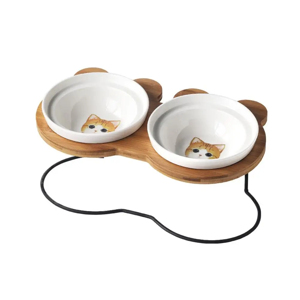 

New High-end Pet Bowl Bamboo Shelf Ceramic Feeding and Drinking Bowls for Dogs and Cats Pet Feeder Accessories