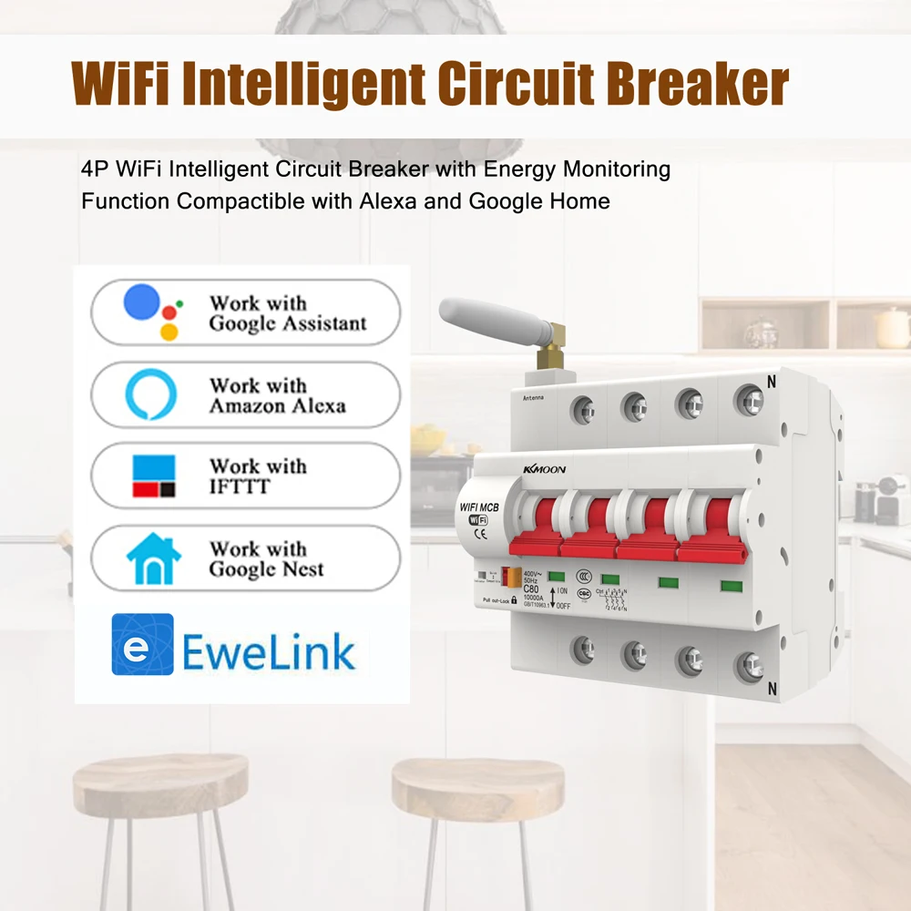 4P 63A 380 В пульт дистанционного управления Wifi автоматический выключатель/автоматический повторитель с поддержкой мониторинга энергии alexa и google home