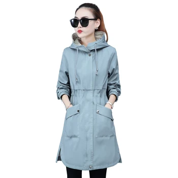 

2020 spring autumn new popular coat female medium long Display thin student windbreaker Korean waist women's hooded jacket tide