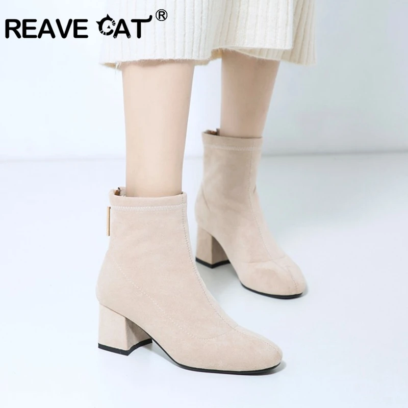 REAVE CAT/зимние женские ботильоны с круглым носком, на квадратном каблуке, на молнии, из флока, большие размеры 33-43, бежевый, черный