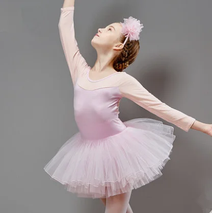 Cherry blossom pink Combed Cotton Ballet Dress Dance Dress Tutu Ballet for Girls Kids Children High Quality Ballerina Long Sleeves Tulle Dance - Цвет: Cherry blossom pink