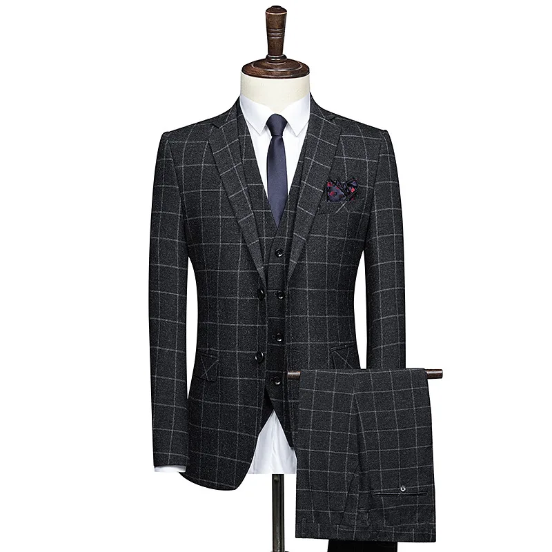 

New arrival Plaid Men's Suits Fashion Men's Casual Business Suit 3 Pieces Set Male Blazers Trousers Pants Vest Waistcoat