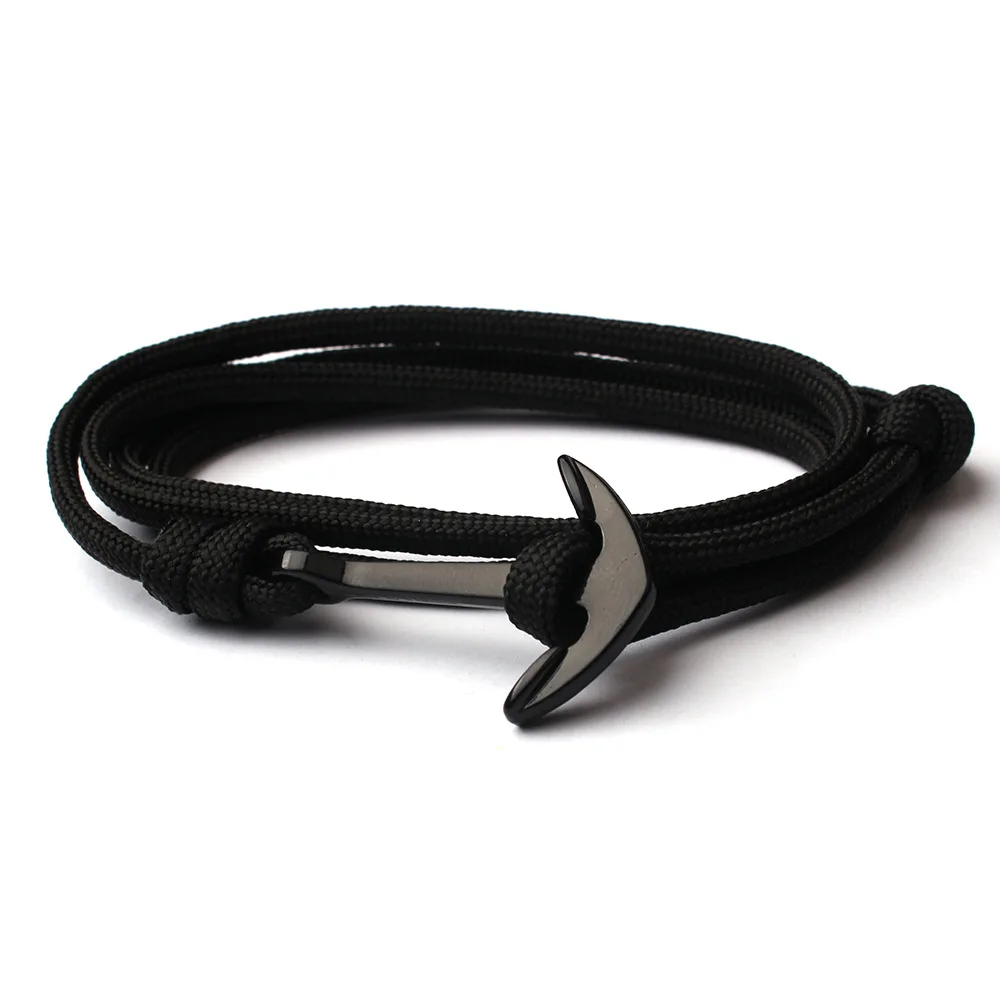 Pulsera de Aleación negra para hombre y mujer, brazalete con muchas capas con ancla, cuerda de nailon, Paracord, regalo de Estilo marinero SL014