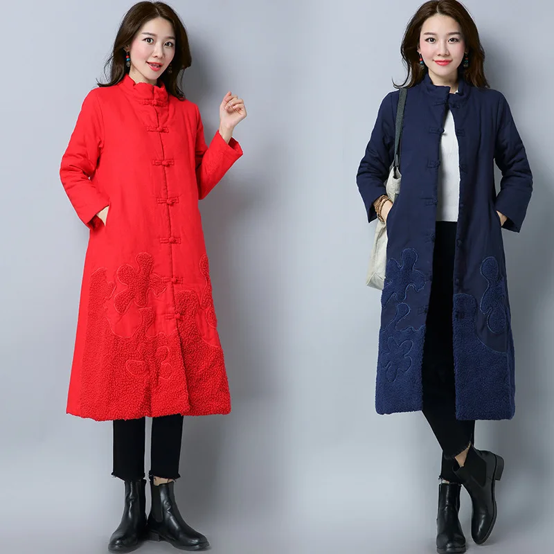 

2540 Winter New Style WOMEN'S Dress National Wind Flocked Thick Padded Long Coat Chinese-style zhang mian yi Cotton-padded Jacke