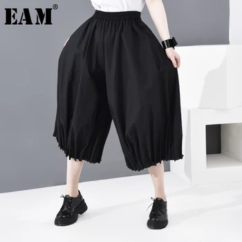 

[EAM] High Elastic Waist Black Pleated Split Wide Leg Trousers New Loose Fit Pants Women Fashion Tide Spring Autumn 2020 1R45601