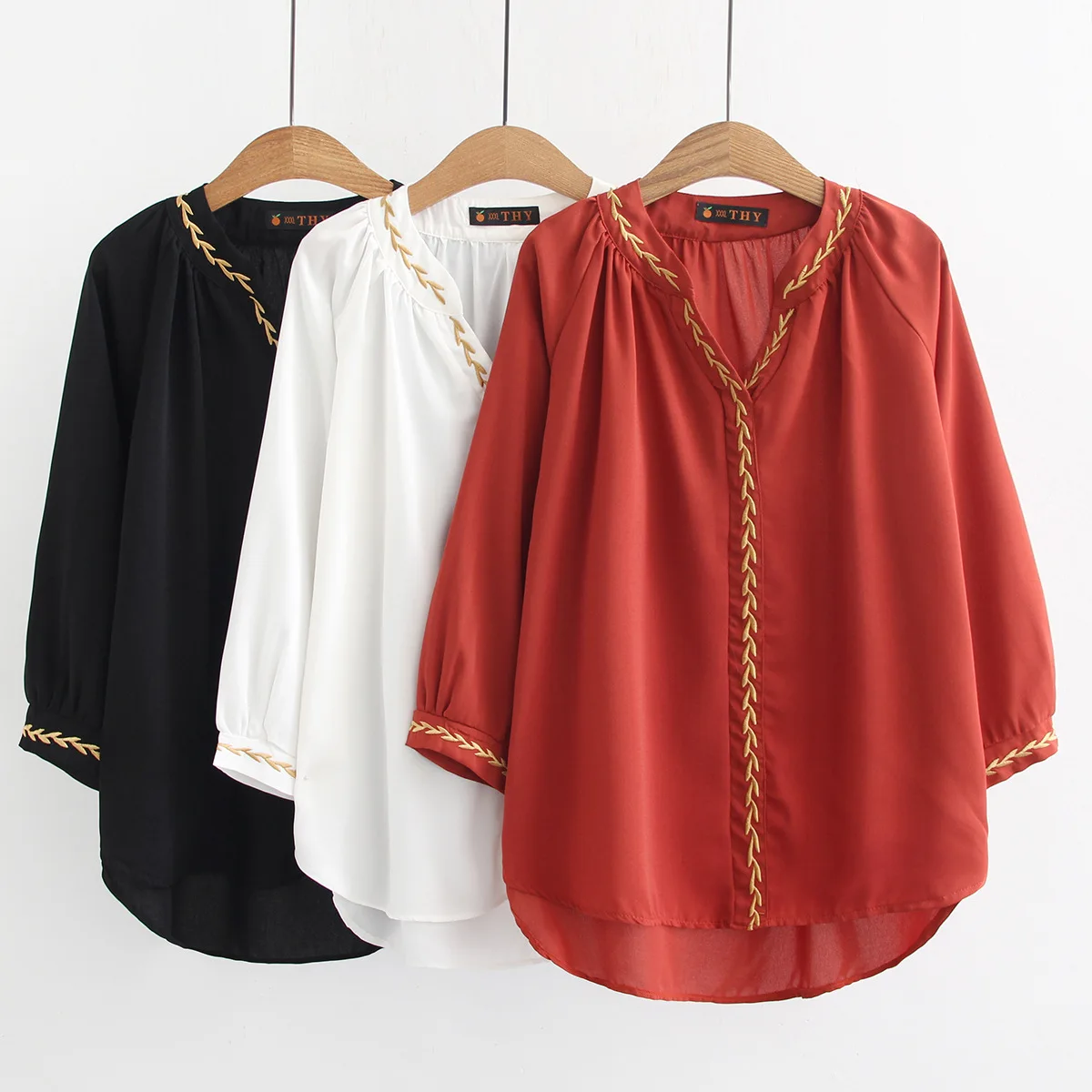 

Fat Mm 200 Large Size Dress Spring Chiffon V-neck Embroidery Long-sleeved T-shirt Tops Gf3-41d5