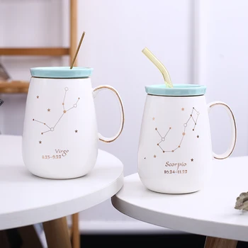 

High Quality Twelve Constellation Cup with Spoon and Lid Straw Drinker Creative Cute for Couples
