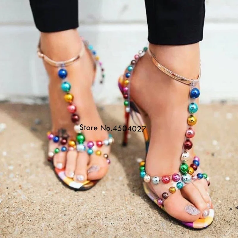 

New Summer Multi-colored Bead PVC T-Strap Women High Heels Open Toe Ankle Strap Dress Sandals