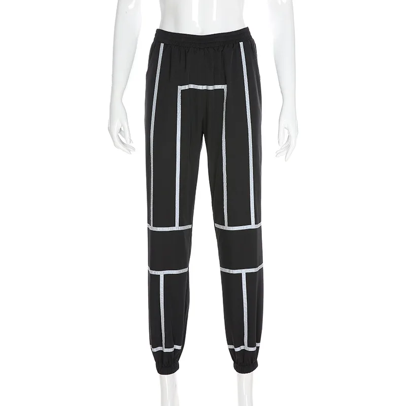 Хип-хоп Светоотражающие Брюки женские черные Jogger брюки со светоотражающими линиями женские спортивные брюки с высокой талией повседневные брюки свободные