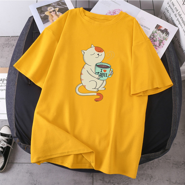 Love Cat Print O-neck 2021 T-shirts Woman Hip Hop Streetwear Tops Fashion High Quality Clothing Short Sleeve Tees K-pop Female