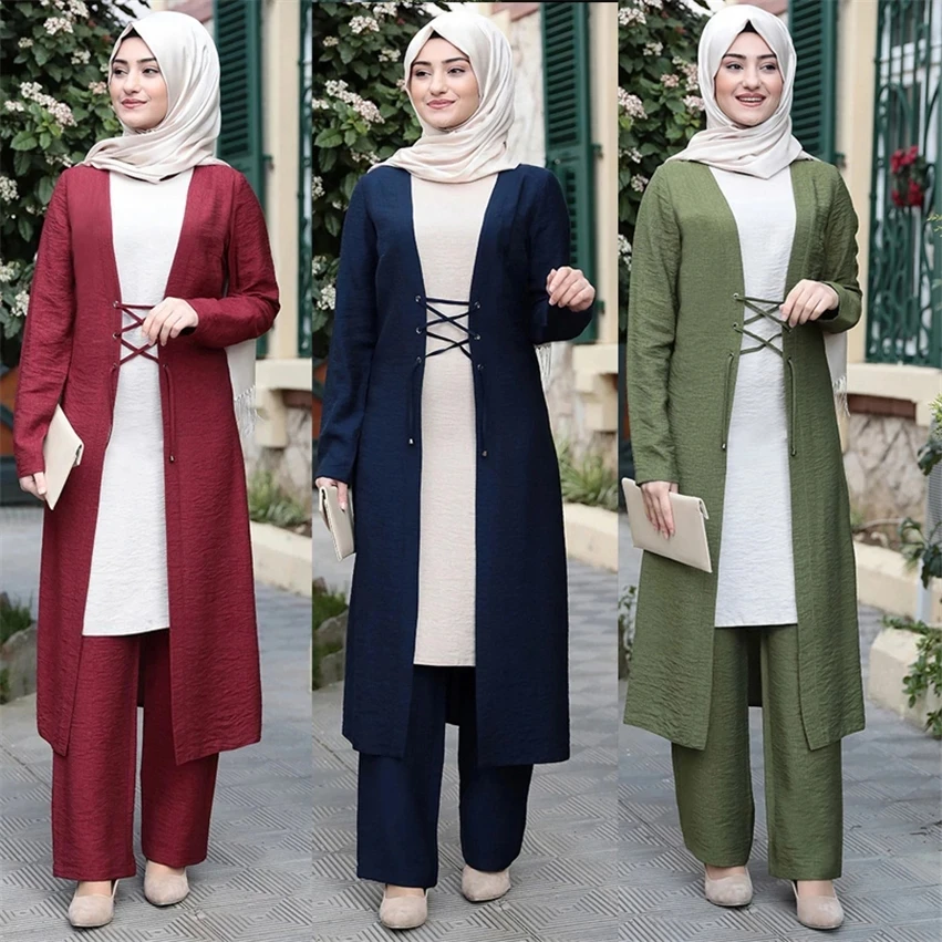 

Three-Piece Abaya Turkish Kimono Tops Pants Muslim Dress Abayas Hijab Robe Dubai Caftan Kaftan Islami Clothing for Women Fashion