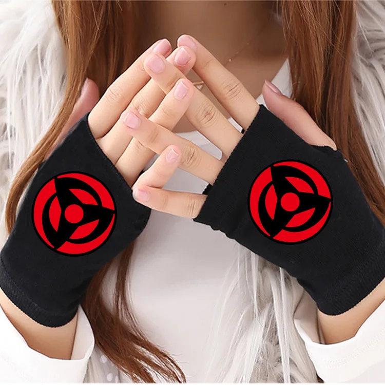 1 Pair Japanese Anime Ninja Itachi Akatsuki Sasuke Logo Half Finger Gloves Cosplay Accessories Warm knitted Fingerless Mittens