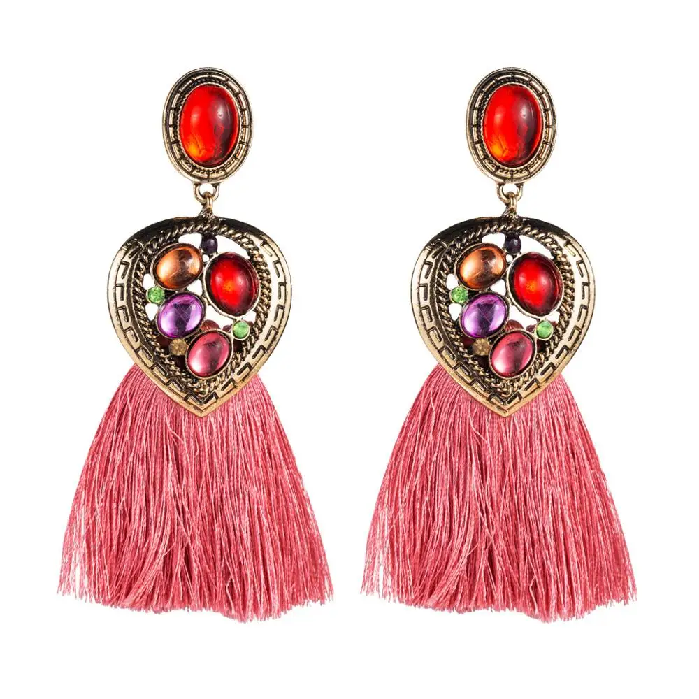 HC Luxury Red Resin Gem Heart Drop Earrings Retro Crystal Jewelry Women Bohemian Fringe Tassel Dangle Statement Gifts F | Украшения и
