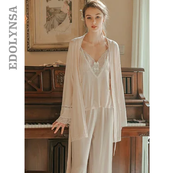 

3 Pieces Pyjamas Sets Women Lace Pajamas Sets Women Home wear Long Sleeve Sleepwear Suit Sexy Spring Nightwear Lounge pants T781