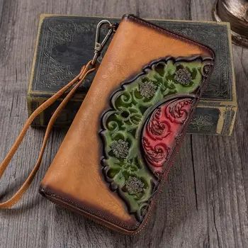 

Brand Genuine Leather Clutch Wallet Women Flower Engraved Zipper Wallets Vintage Cell Phone Credit Cardholder Purse