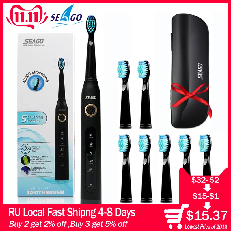 Online Seago Sonic Elektrische Zahnbürste SG 507 Erwachsene Timer Pinsel 5 Modus USB Ladegerät Wiederaufladbare Zahn Pinsel Ersatz Köpfe Set