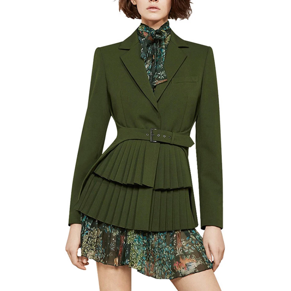 Ailigou High-Quality Pleated + Printed Dress Two-Piece Female Long-Sleeved V-Neck Army Green Jacket With Belt | Женская одежда