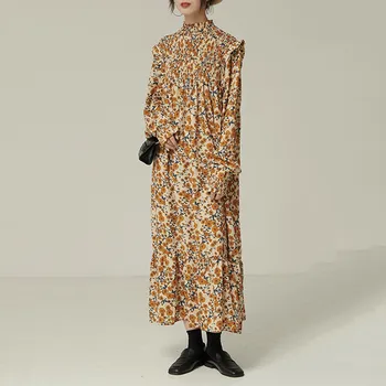 

Women Flower Pattern Pleated Long Dress New Stand Collar Long Sleeve Loose Fit Fashion Tide Spring Autumn 2020 1N148