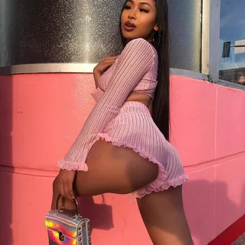 

Pink Mesh Sexy 2 Pieces Ruffle Women Set Crop Top and Shorts Festival Matching Sets Summer Club Outfits