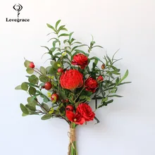 Lovegrace Свадебный букет ручной работы Свадебная роза цветок красный поставок брака Leucospermum орхидея свадебные принадлежности шар цветок