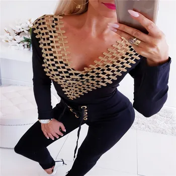 

Hirigin Autumn Women Clubwear Sexy V-Neck Playsuit Long Sleeve Bodycon Party Jumpsuit Romper Hollow Tops Shorts Clothes