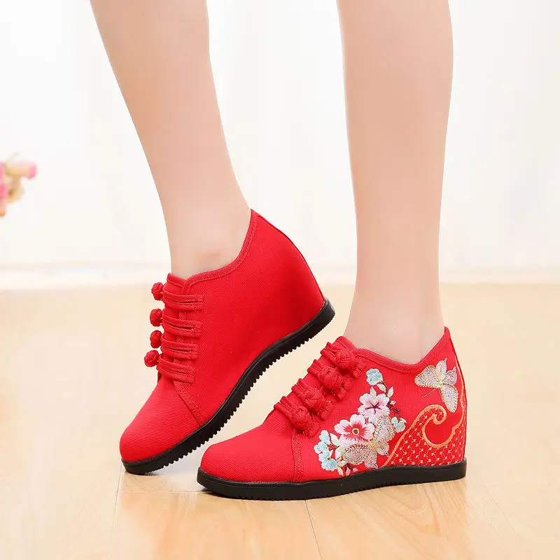 

New Style High-Heel 7 Centimeter Embroidery Cloth Shoes National Wind Buckle Elevator WOMEN'S Canvas Shoes Breathable Low-top Sh