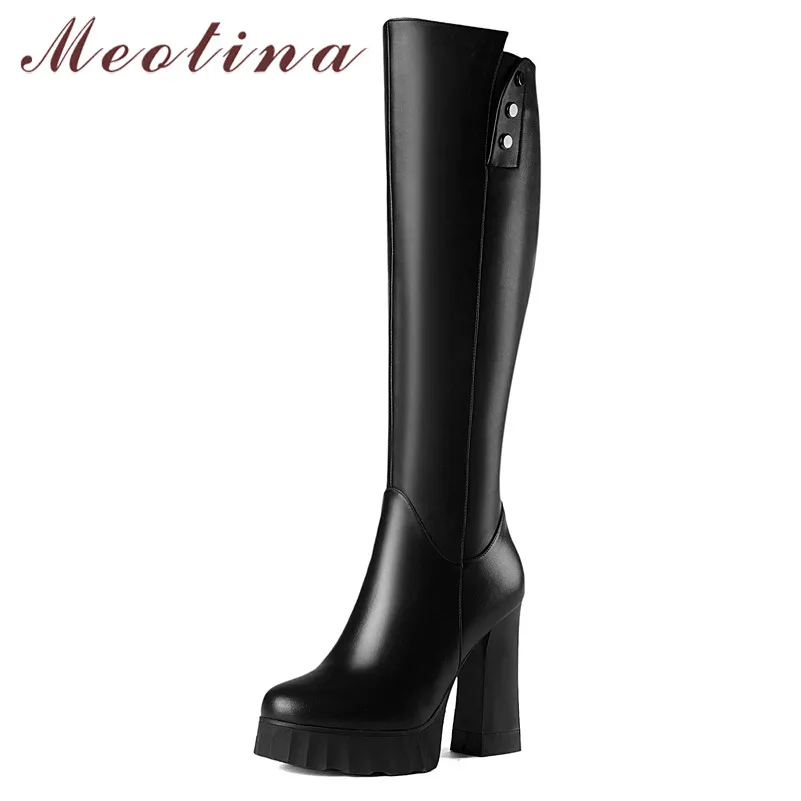 

Meotina Winter Knee High Boots Women Natural Genuine Leather Thick Heel Long Boots Zipper Super High Heel Shoes Lady Red Size 39