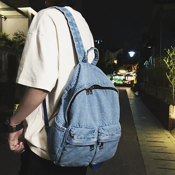 

Vintage Washed Denim Backpack Multifunctional Travel Bag for Girls School Bags Light Blue