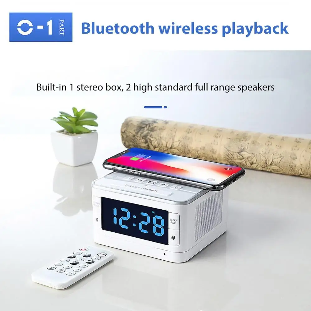 

T8 Wireless Charging Backlight FM Radio Speaker LCD Digital Display Alarm Clock Sereo Music Bluetooth Speaker