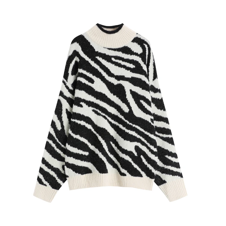 2021 Oversize Thick Autumn Winter Knitted Women O-Neck Fake Marten Hair Zebra-Striped Loose Sweaters Pullovers Jersey Jumper S88 cardigan for women