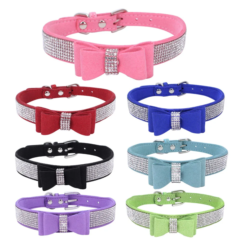 Collares con diamantes de imitación para perros y gatos, pajarita de cuero ajustable, Collar para cachorros pequeños y medianos